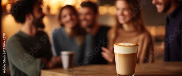 Fototapeta A cup of latte art with heart design on top, placed on a wooden table in a cozy cafÃ© setting, with friends enjoying their time in the background.