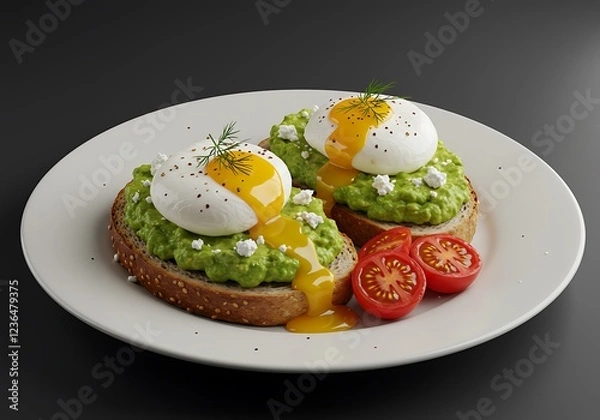 Fototapeta Delicious Avocado Toast with Poached Eggs and Tomatoes