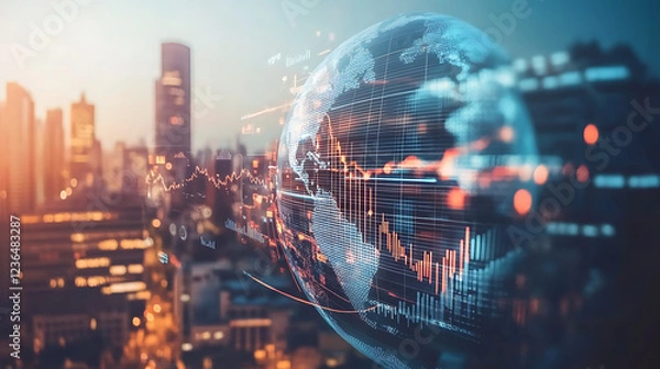 Fototapeta A digital globe overlay with financial graphs, set against a vibrant city skyline at sunset, symbolizing global connectivity and financial data analysis.