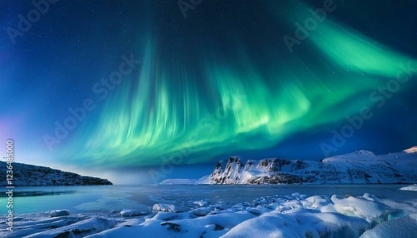 Fototapeta shimmering curtains of light in the polar night polar lights icy landscape