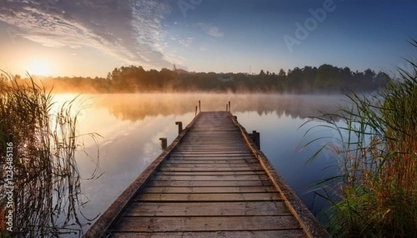 Fototapeta an old wooden dock at dawn leading into a misty lake evoking peace and serenity