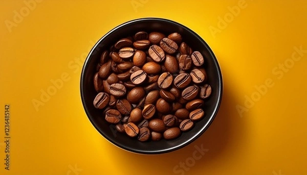 Fototapeta top view of roasted coffee beans in black bowl on yellow background generative ai