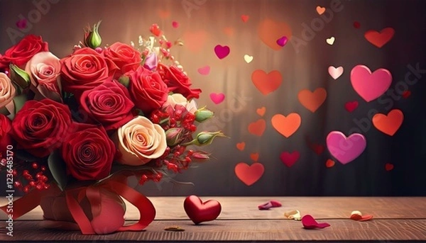 Fototapeta beautiful valentine s bouquet with roses and hearts on a rustic wooden table generative ai