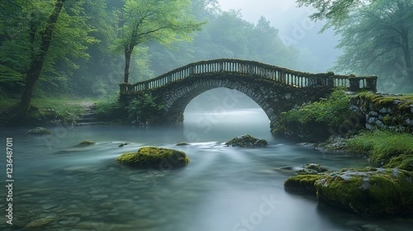 Fototapeta Stone Arch Bridge Over Misty River in Green Forest