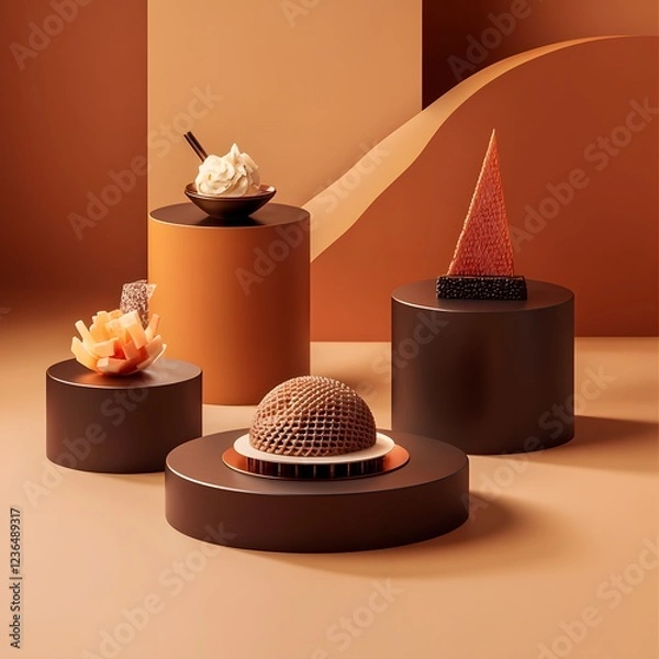 Fototapeta Innovative 3D-printed desserts featuring intricate geometric designs and precise details, combining modern technology with gourmet artistry.