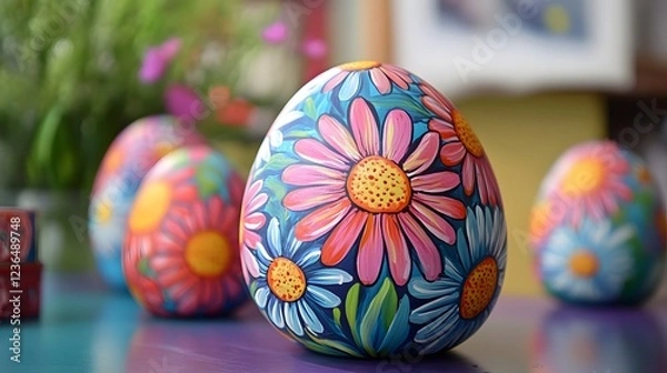 Fototapeta Vibrant and intricate handpainted ceramic Easter eggs featuring detailed floral patterns designs and textures  These unique and decorative eggs are perfect for spring and Easter holiday decor