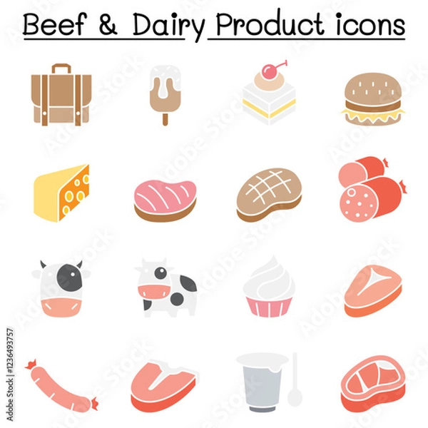 Fototapeta Beef and Dairy Products icon set in flat color style