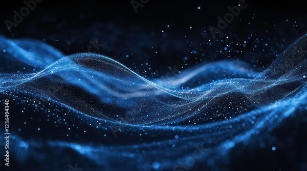 Fototapeta Abstract blue particle wave flowing in dark background.