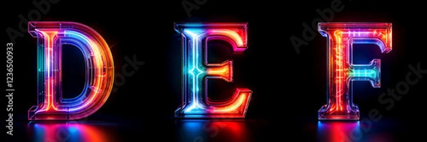Obraz Letters D, E, F. LED Alphabet: Realistic RGB Glowing Letters