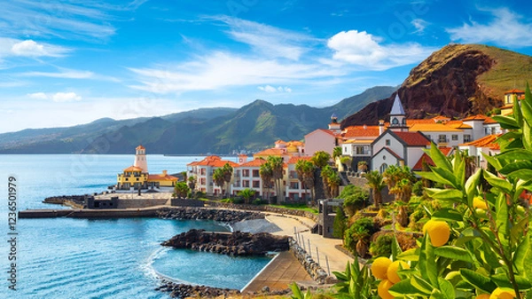 Obraz Panoramic view of the small village of Canical, near Ponta de Sao Lourenco. Madeira Island, Portugal