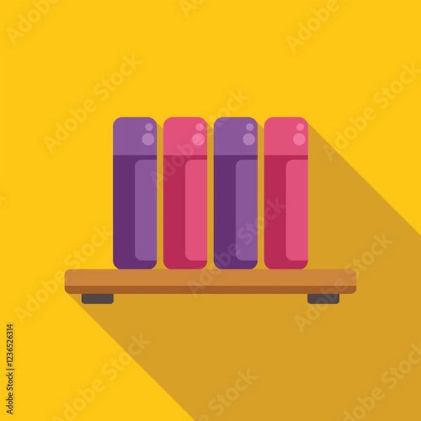Fototapeta Four colorful books standing on wooden shelf with yellow background, long shadow, flat design vector illustration