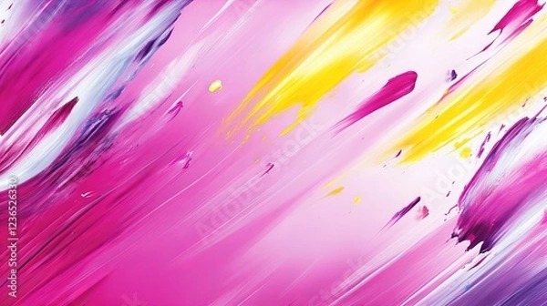 Fototapeta Vibrant abstract painting with dynamic brushstrokes in pink, purple, and yellow.