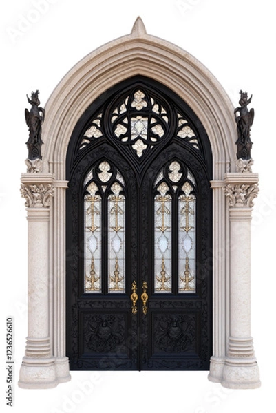 Fototapeta Gothic Cathedral Double Door with Ornate Stained Glass and Sculpted Details