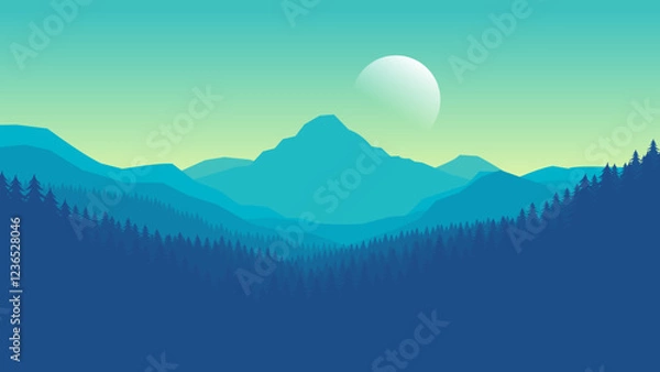Fototapeta Blue mountain landscape wallpaper in a minimalist flat design style. Minimalist beauty background for desktop and wallpaper
