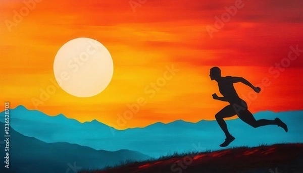 Fototapeta Achieving body goals concept. Silhouette of a runner against a vibrant sunset with mountains in the background.