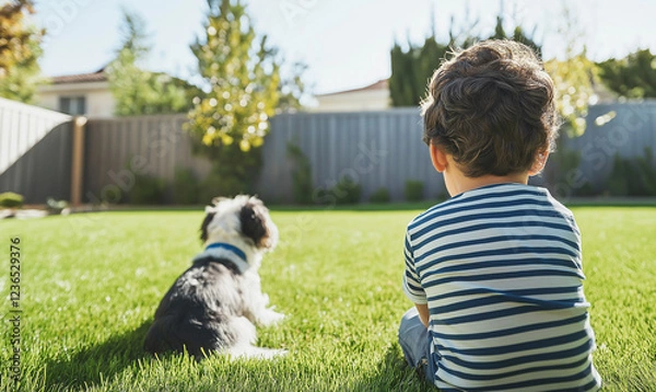 Fototapeta Child and Dog Relaxing in Backyard