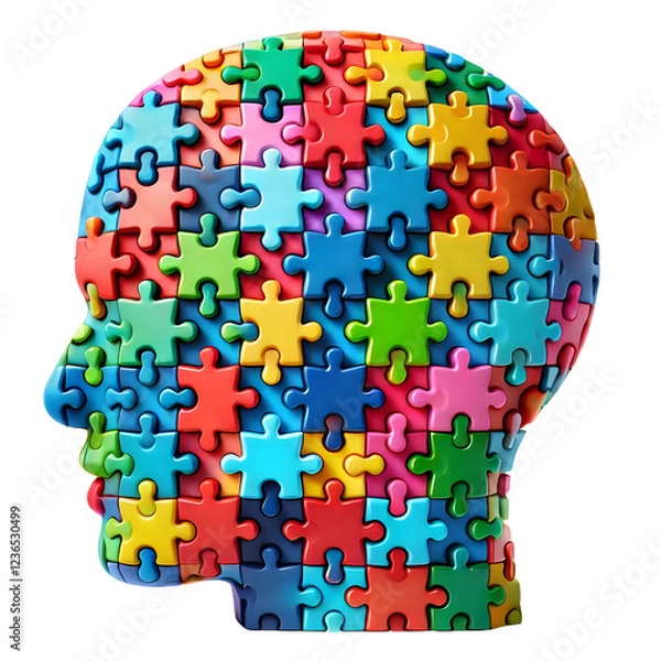 Fototapeta A cut-out multicolored 3D render of a puzzle head for World Autism Awareness Day, the world autism concept isolated on transparent background