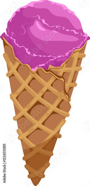 Fototapeta Vector illustration of ice cream in a waffle cone. Ice cream with a purple scoop isolated on a white background, idea for a poster, postcard, t-shirt. print, advertising, sweet, food,
