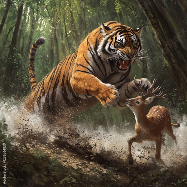 Fototapeta Epic Leap of a Tiger Attacking a Frightened Deer in Mid-Air