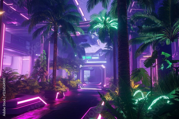 Obraz A retro-futuristic 80s sci-fi city with neon palm trees and synthwave vibes