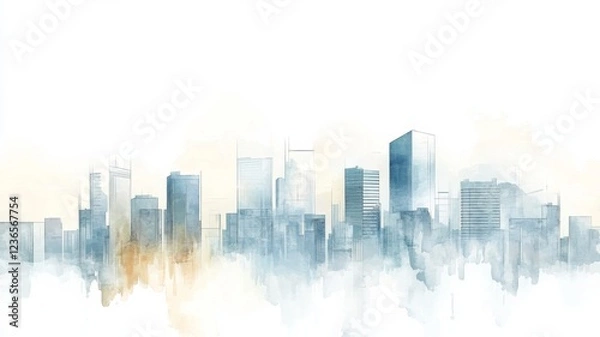 Obraz Dreamy watercolor sketch of a minimalist cityscape with modern buildings fading gracefully into a soft white background