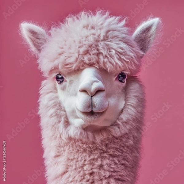 Obraz Pink background highlights the fluffy face of a friendly alpaca with an expressive gaze in a cheerful setting