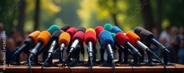 Obraz A forest of microphones at a press conference podium , press conference, communication
