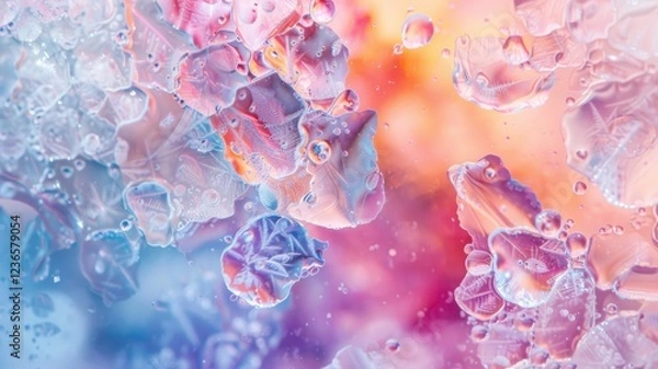 Fototapeta aquarel like abstract colored background texture of frozen flowers in milk, ice and water