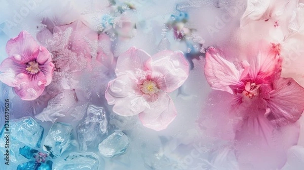 Fototapeta aquarel like abstract colored background texture of frozen flowers in milk, ice and water