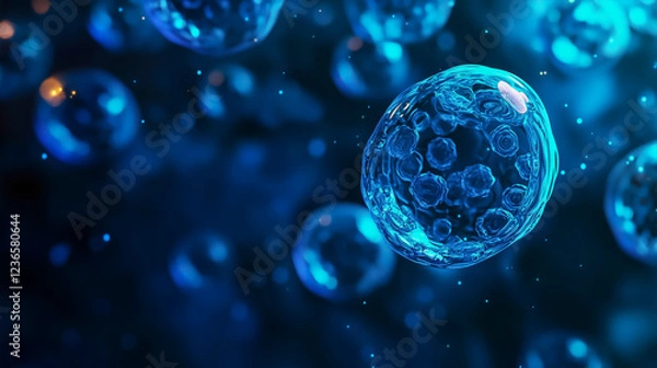 Fototapeta Exploring microscopic structures of glowing blue cells in a laboratory setting under scientific observation