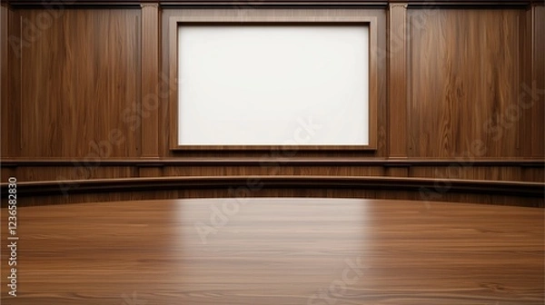Fototapeta A polished wooden room featuring a blank projection screen, ideal for presentations or discussions in an elegant setting.