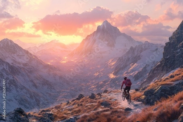 Fototapeta Explore stunning mountain trails while biking at sunset for an invigorating adventure in nature