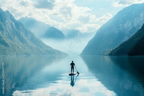 Fototapeta Embracing nature while paddleboarding in a tranquil lake surrounded by majestic mountains at sunrise