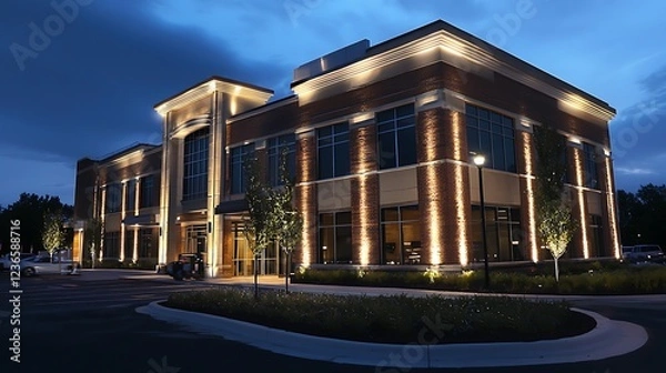 Obraz Bright commercial LED lighting highlighting a buildinga??s exterior at night, enhancing its visibility and appeal.