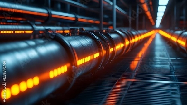 Fototapeta Futuristic Metallic Pipe System with Glowing LED Accents in High-Tech Industrial Environment