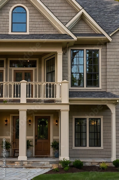 Fototapeta Elegant Home Exterior: Gray Shingles, Classic Design, and Modern Amenities.  A captivating view of a beautiful house with a charming porch and well-maintained landscaping.
