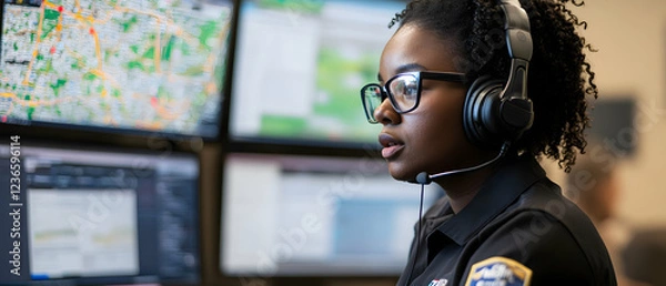 Fototapeta African American emergency dispatcher speaking into a headset while monitoring tracking maps on multiple digital screens  -  
