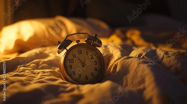 Fototapeta A golden alarm clock rests on a rumpled bed indicating bedtime or wake up time
