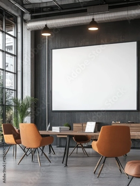 Fototapeta A contemporary office area with a large whiteboard for brainstorming