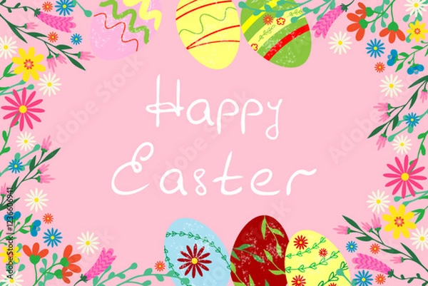 Fototapeta Happy Easter greeting card with Easter eggs and colorful floral decorative elements Flat style Modern Easter cover Vector illustration Pink background