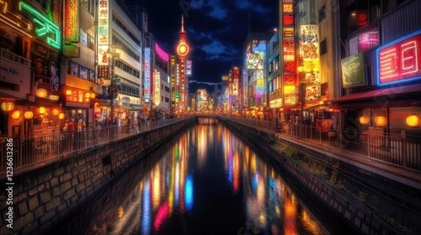 Obraz Night in Dotonbori, Osaka: Vibrant Neon Lights Reflecting on Calm Canal Waters