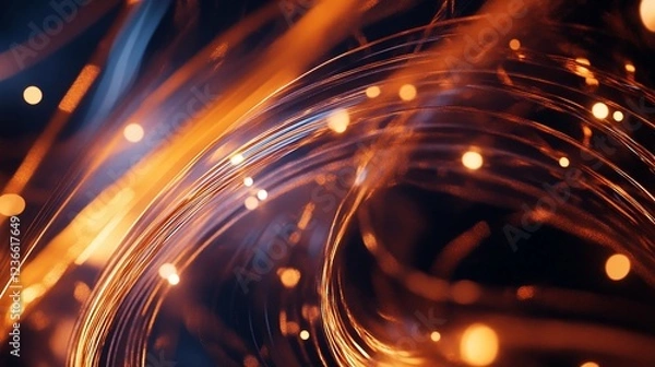 Obraz Abstract orange light trails and luminous bokeh effects on dark background creating dynamic energy flow