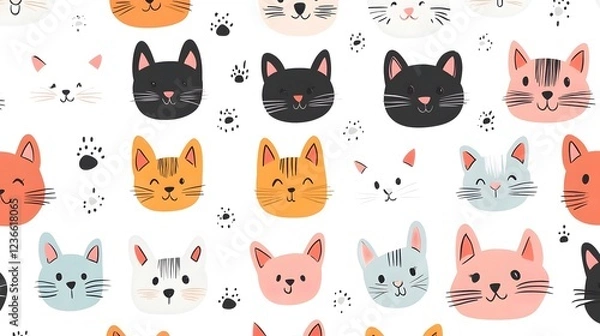 Fototapeta Charming and Cuddly Animal Pattern in Vibrant Kawaii Style on White Background