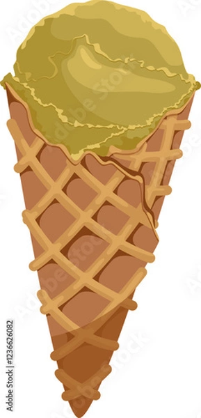 Fototapeta Vector illustration of ice cream in a waffle cone. Ice cream with a green scoop isolated on a white background, idea for a poster, postcard, t-shirt. print, advertising, sweet, food,
