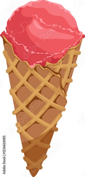 Fototapeta Vector illustration of ice cream in a waffle cone. Ice cream with a red scoop isolated on a white background, idea for a poster, postcard, t-shirt. print, advertising, sweet, food,