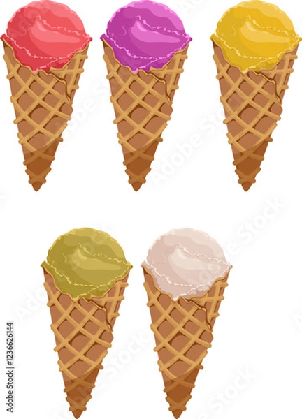 Fototapeta Vector illustration of ice cream in a waffle cone. Ice cream with a white scoop isolated on a white background, idea for a poster, postcard, t-shirt. print, advertising, sweet, food, set