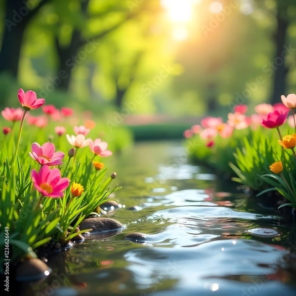 Obraz Serene Spring Stream: Blooming Flowers and Tranquil Waters
