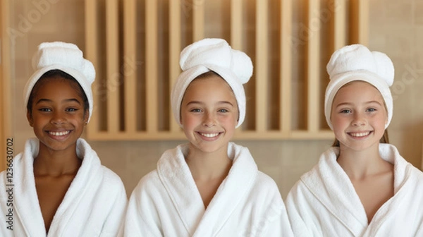 Fototapeta Three Girls in White Robes and Towels Smiling Happily in a Spa, Enjoying a Day of Relaxation and Pampering Together in a Serene Environment