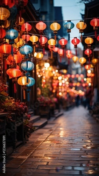 Obraz Illuminated alleyway in China, lanterns hanging, people strolling, evening atmosphere; travel photography.