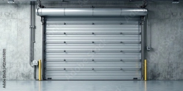 Obraz A closed metallic roll-up door in a contemporary industrial setting, featuring a sleek design and a polished concrete floor.